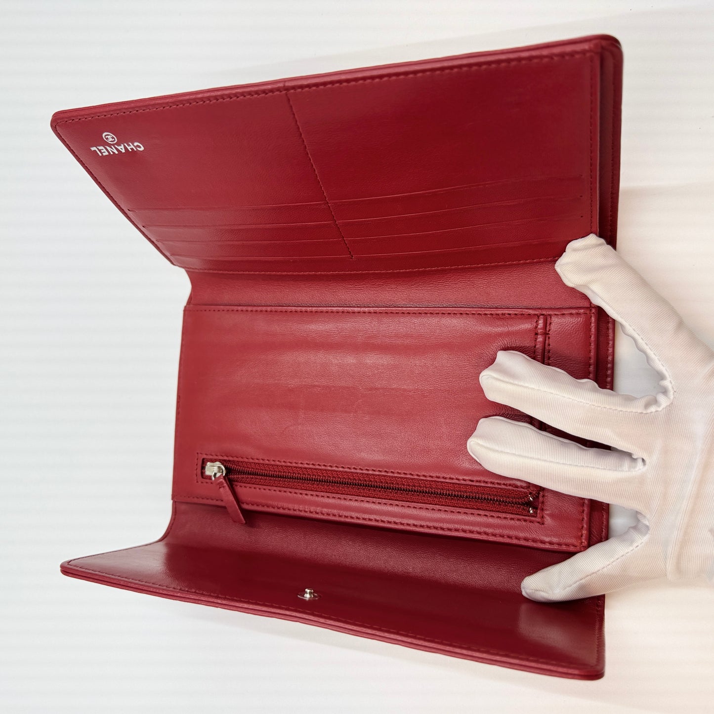 Lambskin Camellia Embossed Large Gusset Flap Wallet Red