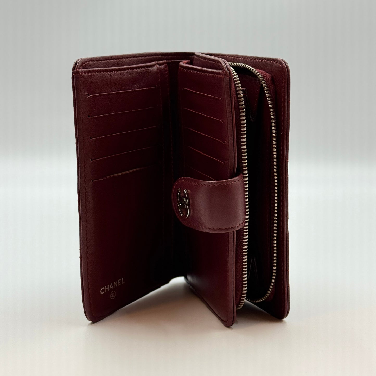 Lambskin Quilted Zipped Pocket Wallet Wine Red