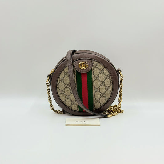 GG Supreme Monogram Web Mini Ophidia Round Shoulder Bag Brown