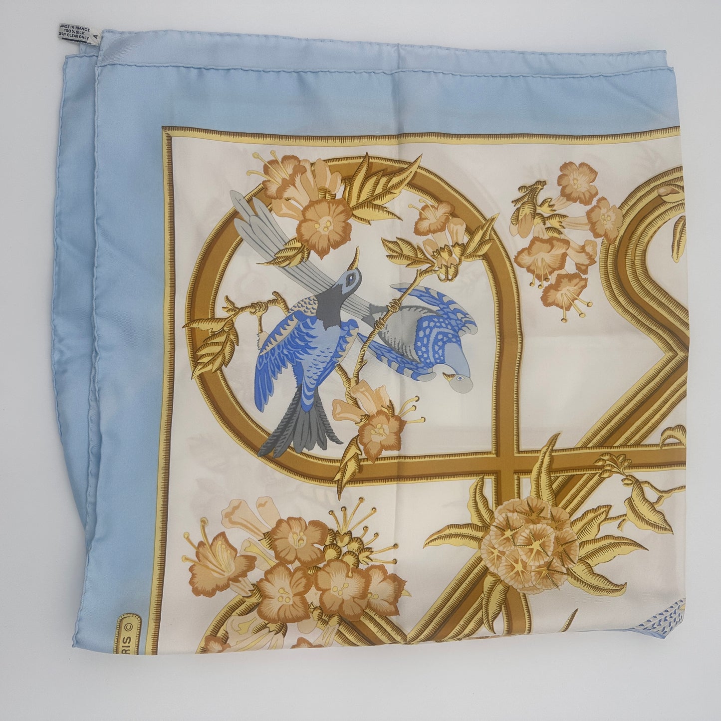 90cm Blue Silk 'Caraibes' Print Christiane Vauzelles Square Scarf
