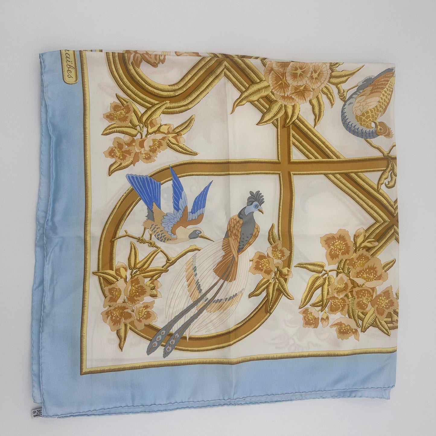 90cm Blue Silk 'Caraibes' Print Christiane Vauzelles Square Scarf