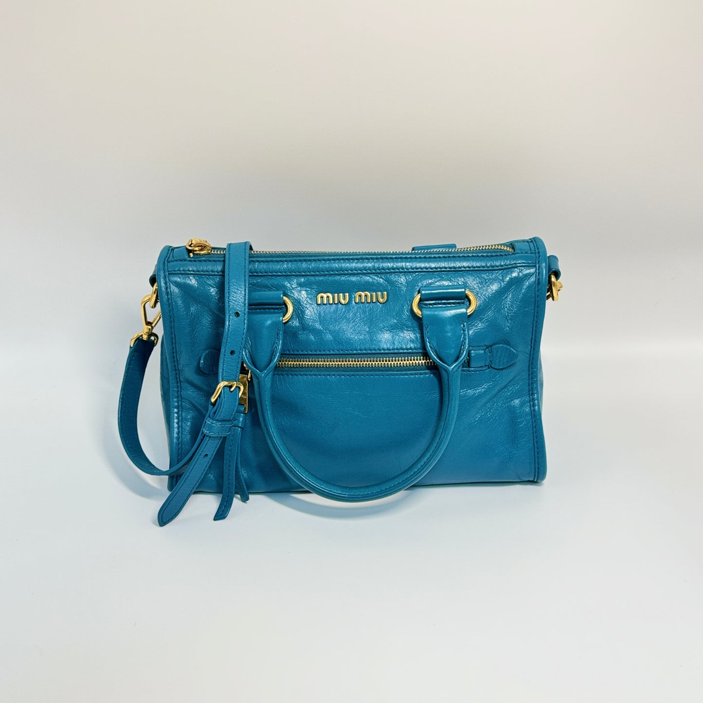 Blue Glazed Leather Front Zip Tote