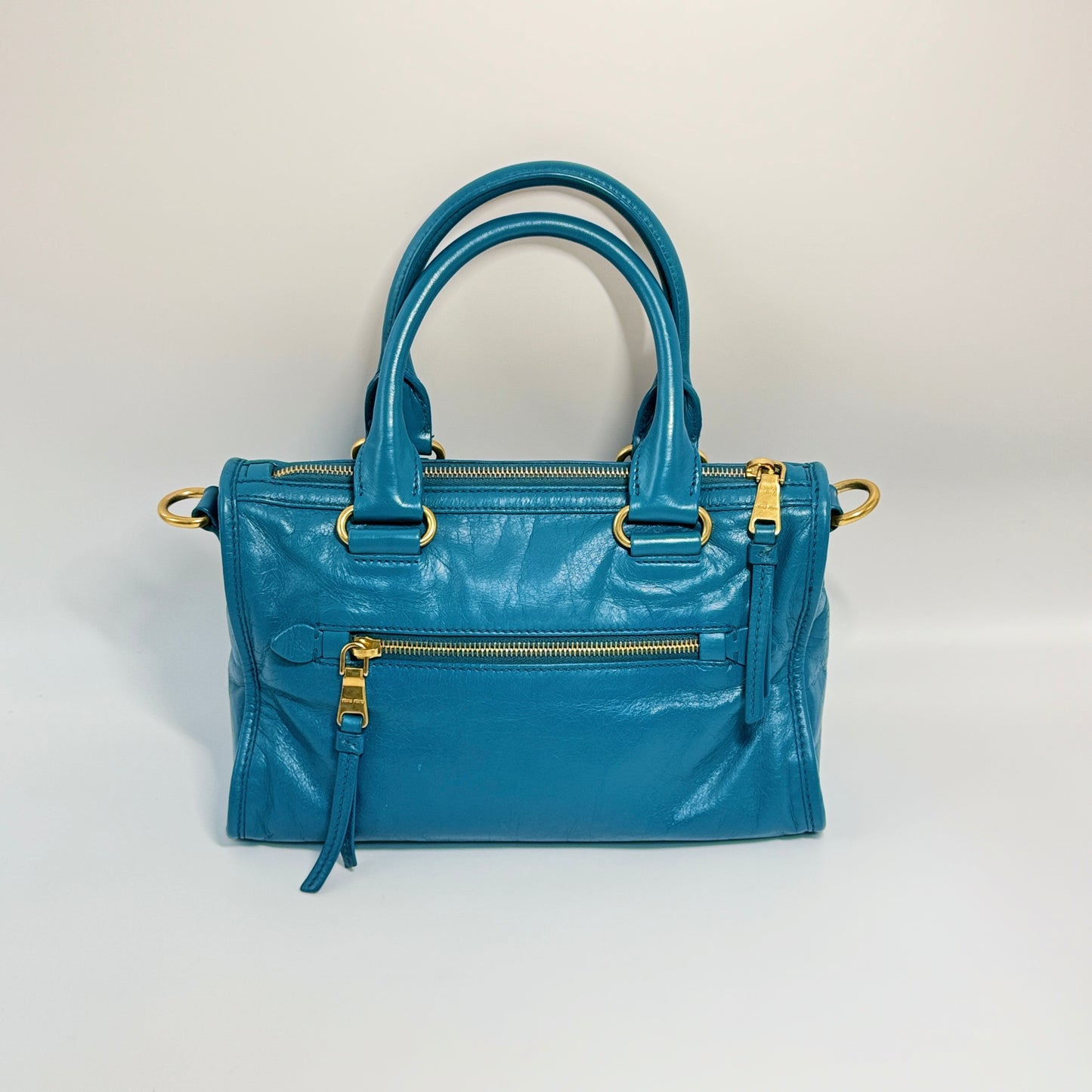 Blue Glazed Leather Front Zip Tote