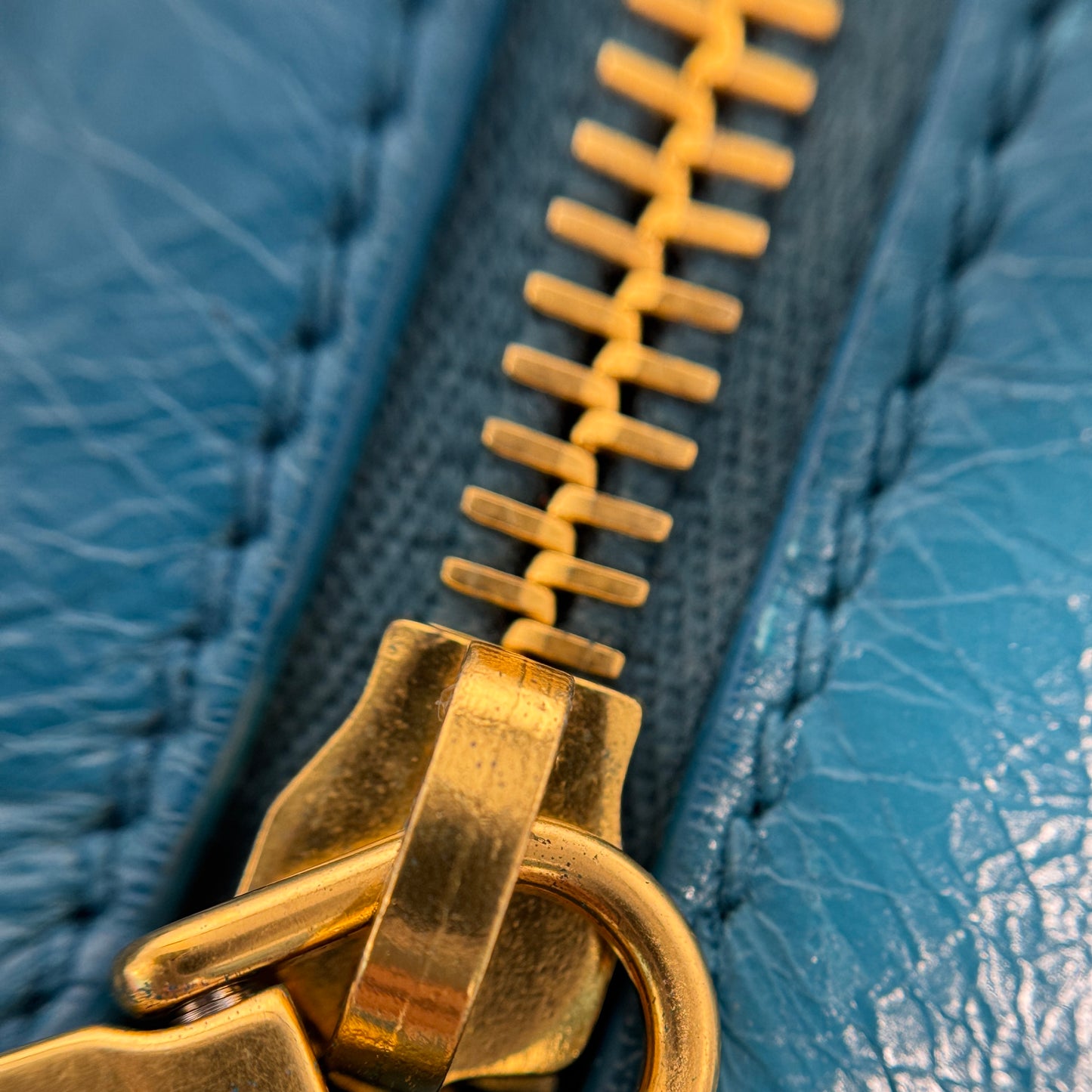 Blue Glazed Leather Front Zip Tote