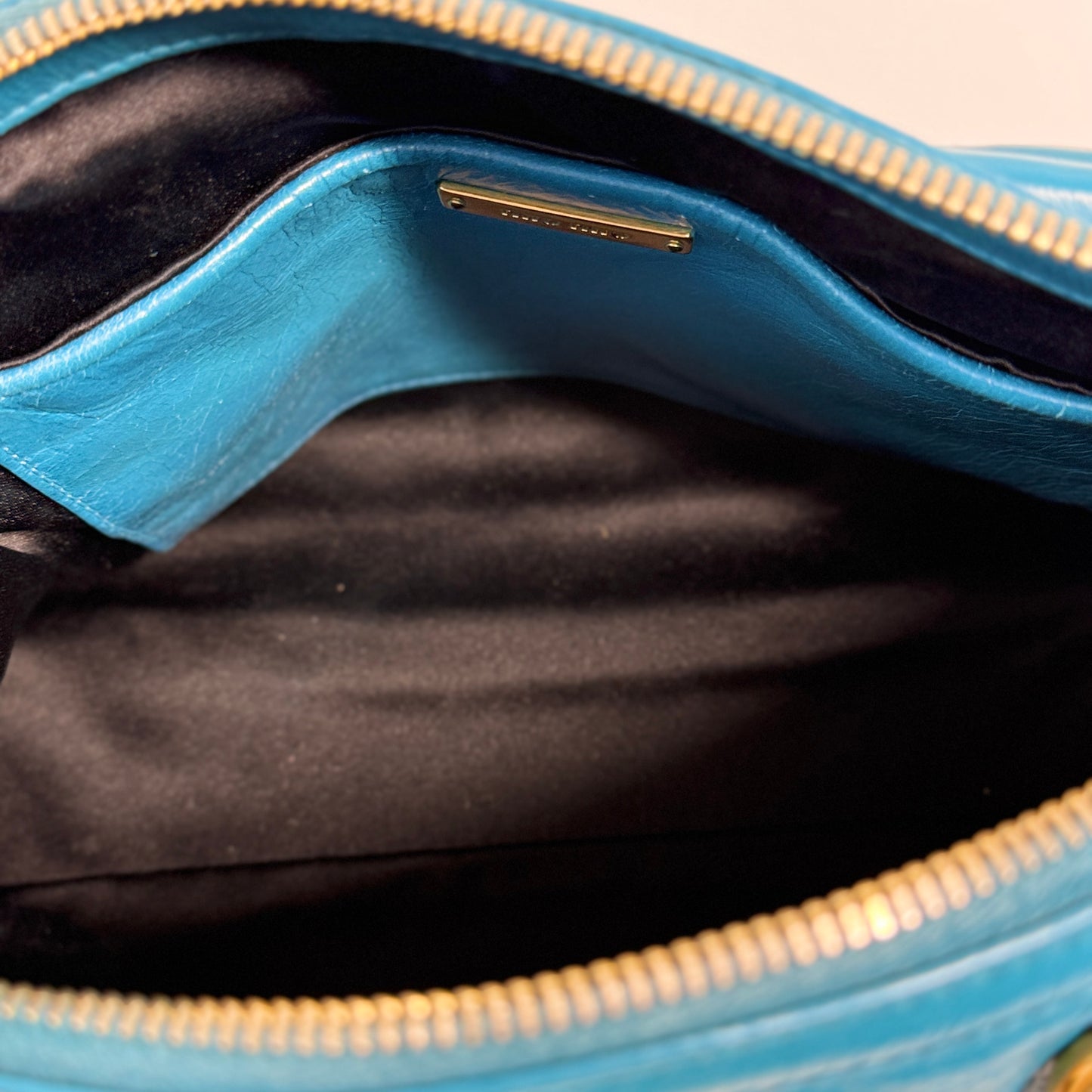 Blue Glazed Leather Front Zip Tote