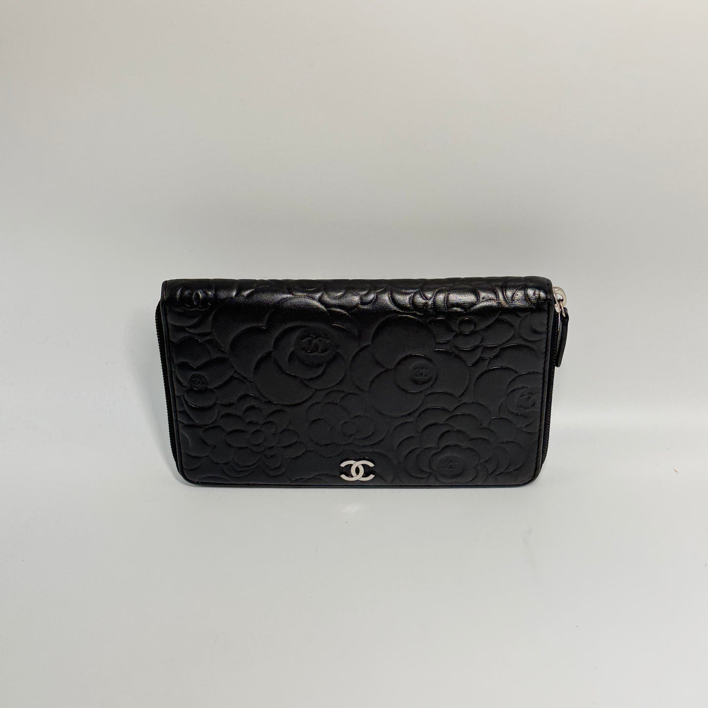 Lambskin Camellia Embossed Large Zip Around Wallet Black
