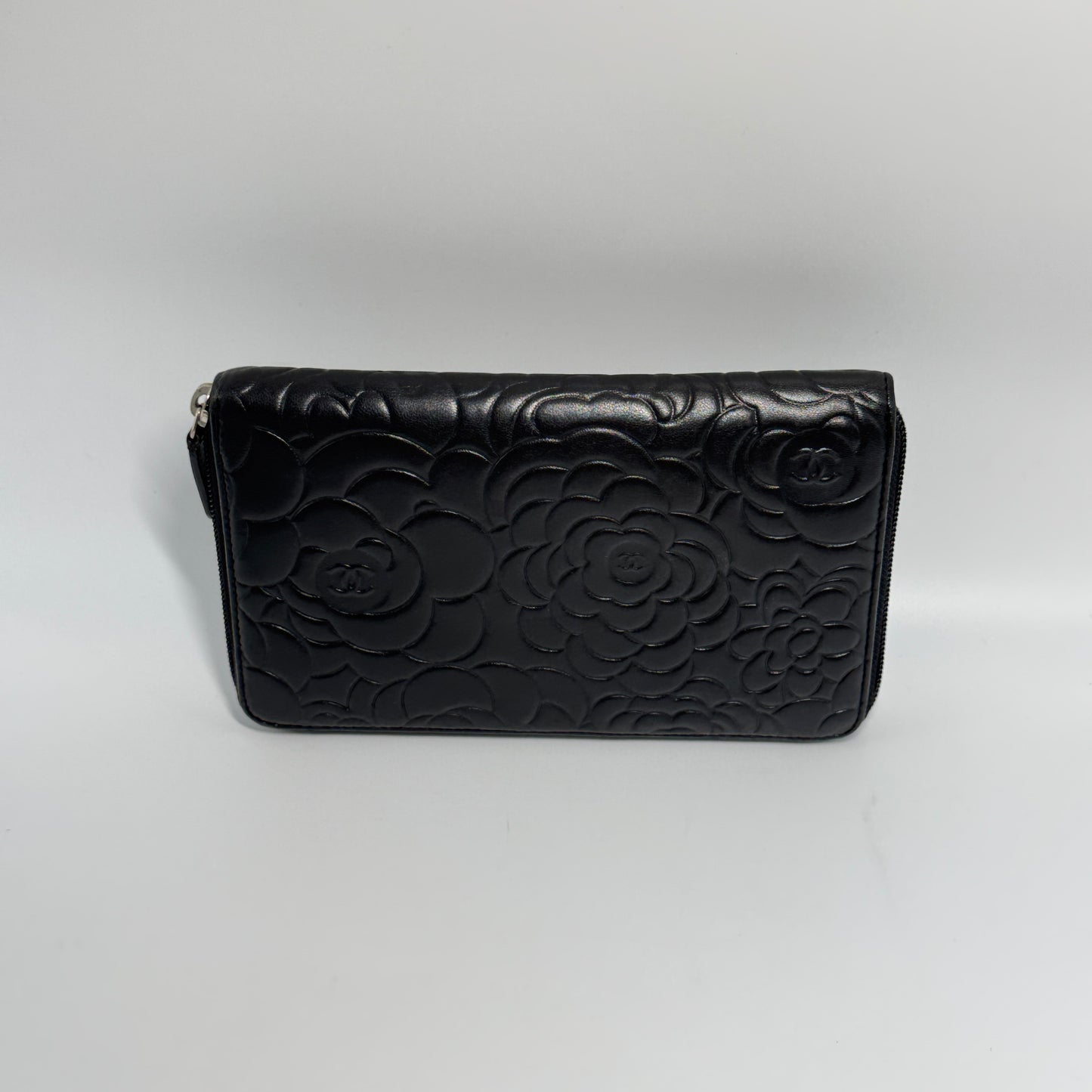 Lambskin Camellia Embossed Large Zip Around Wallet Black