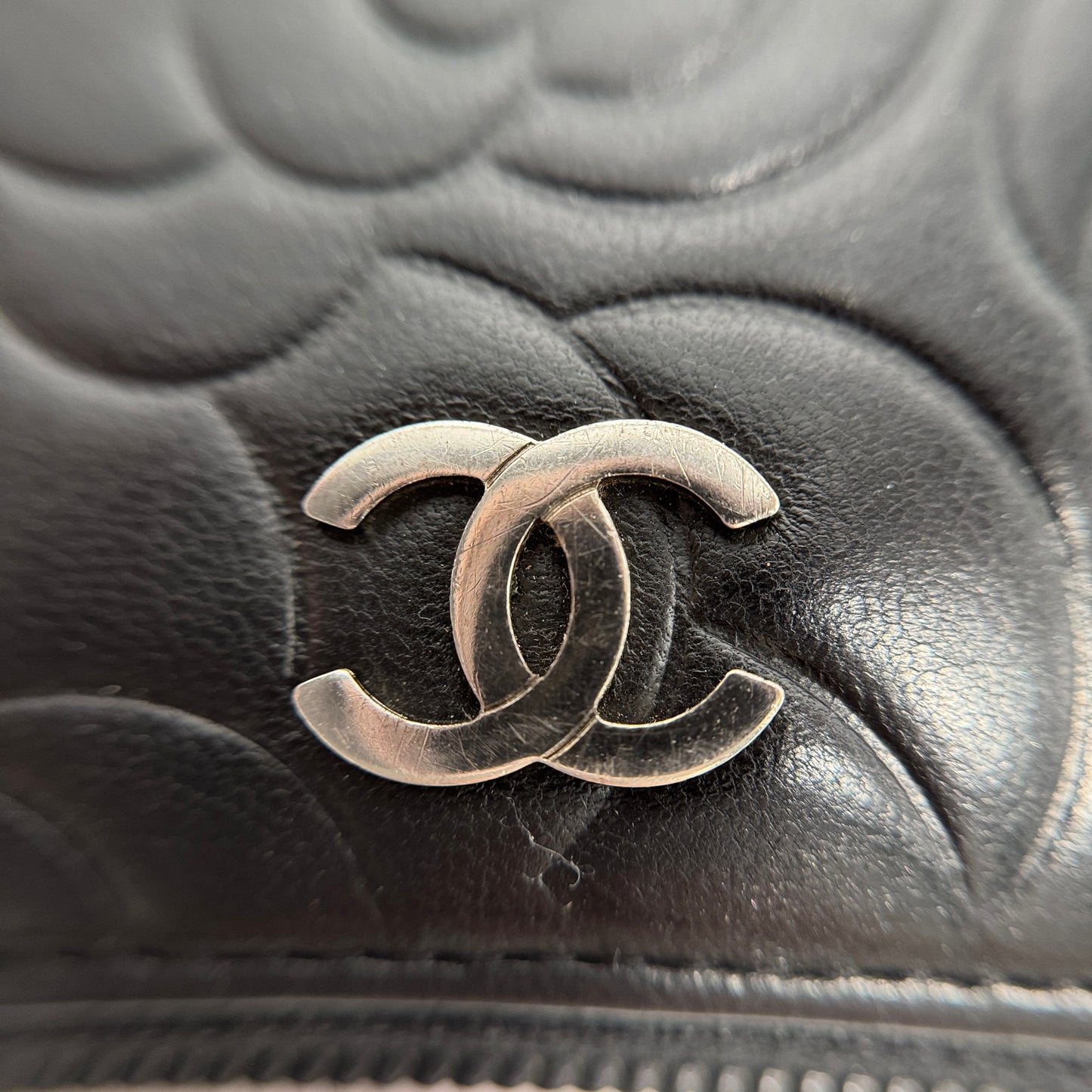 Lambskin Camellia Embossed Large Zip Around Wallet Black