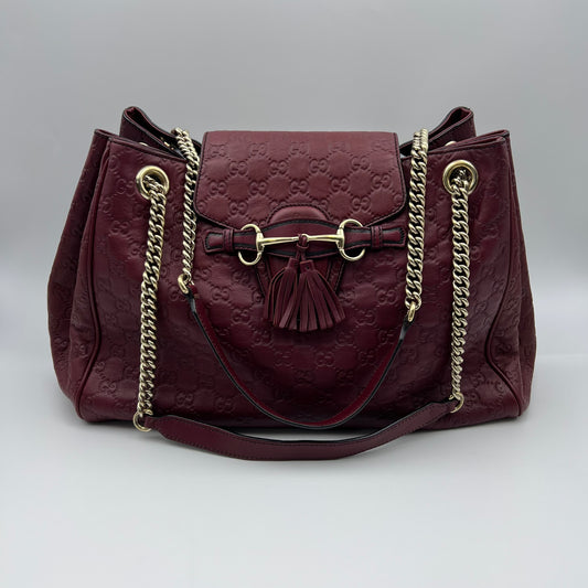 Leather Emily Large Horsebit Accent Shoulder Bag Wine Red