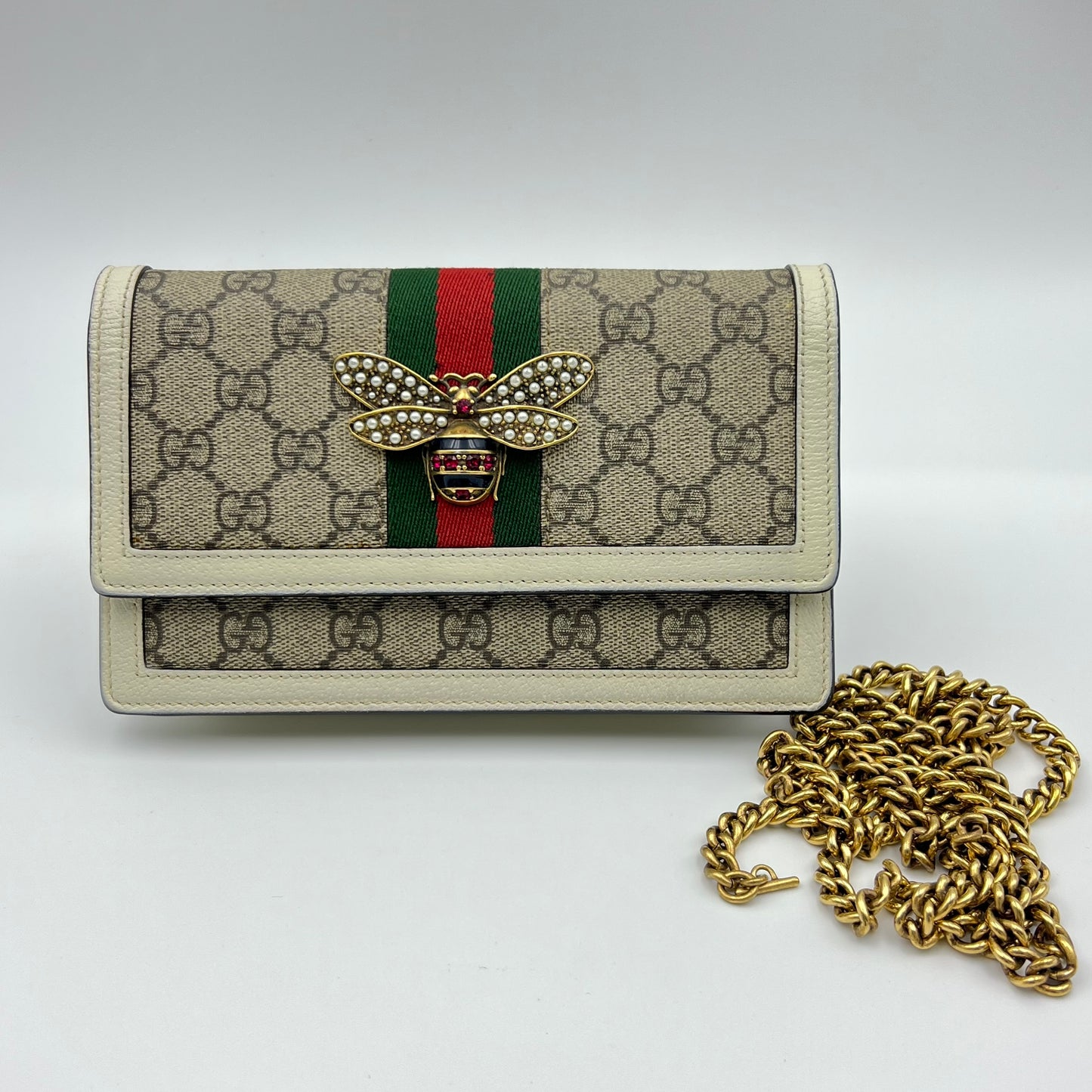 GG Supreme Monogram Web Queen Margaret Chain Wallet White