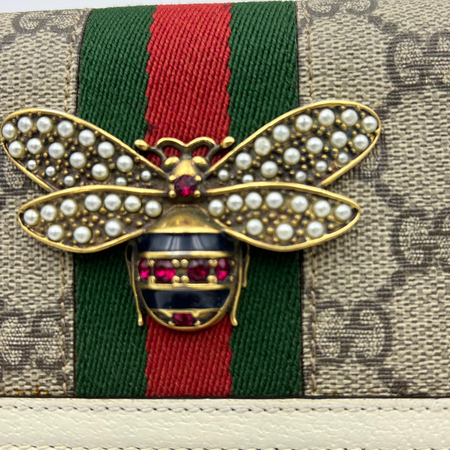 GG Supreme Monogram Web Queen Margaret Chain Wallet White