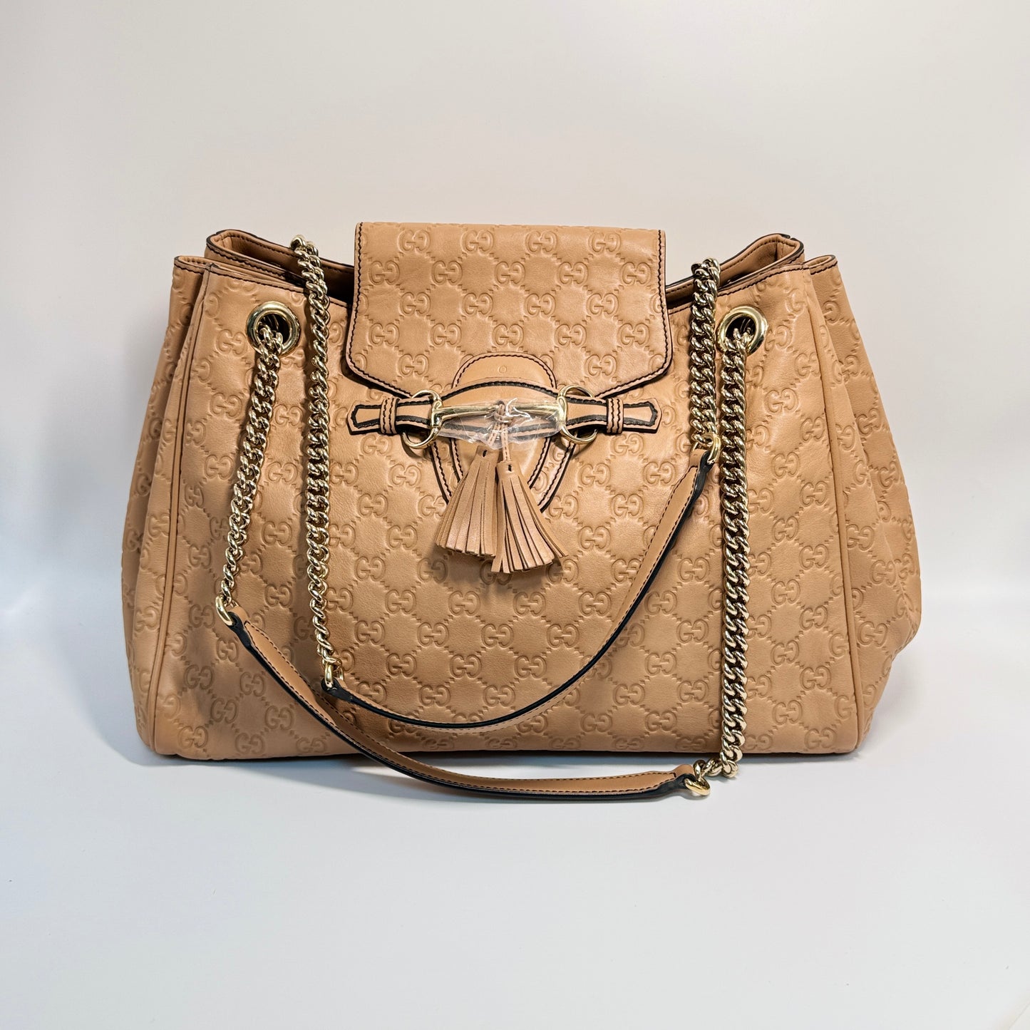 Leather Emily Large Horsebit Accent Shoulder Bag Beige