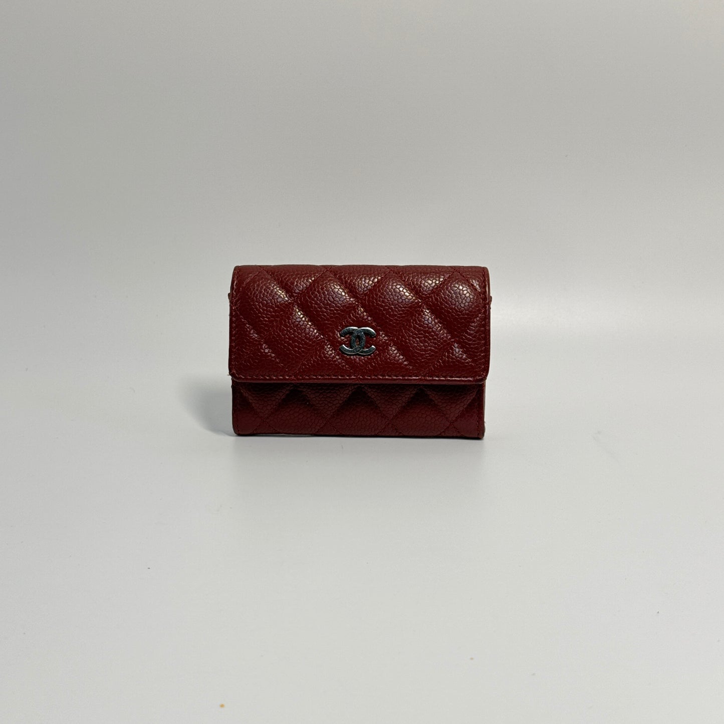 Iridescent Caviar Quilted Flap Card Holder Wallet Burgundy