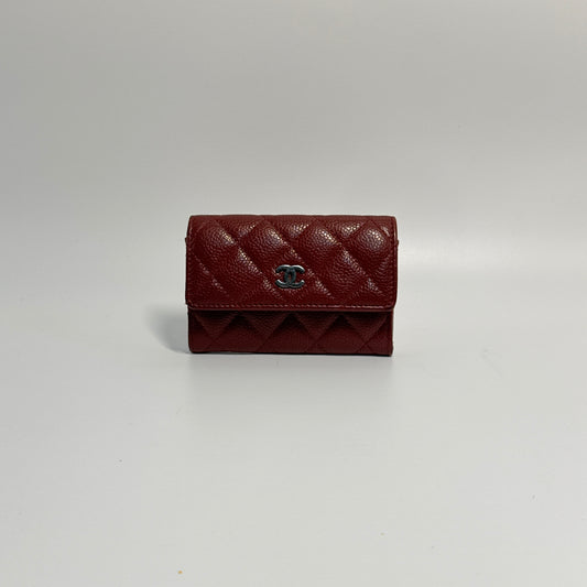 Iridescent Caviar Quilted Flap Card Holder Wallet Burgundy
