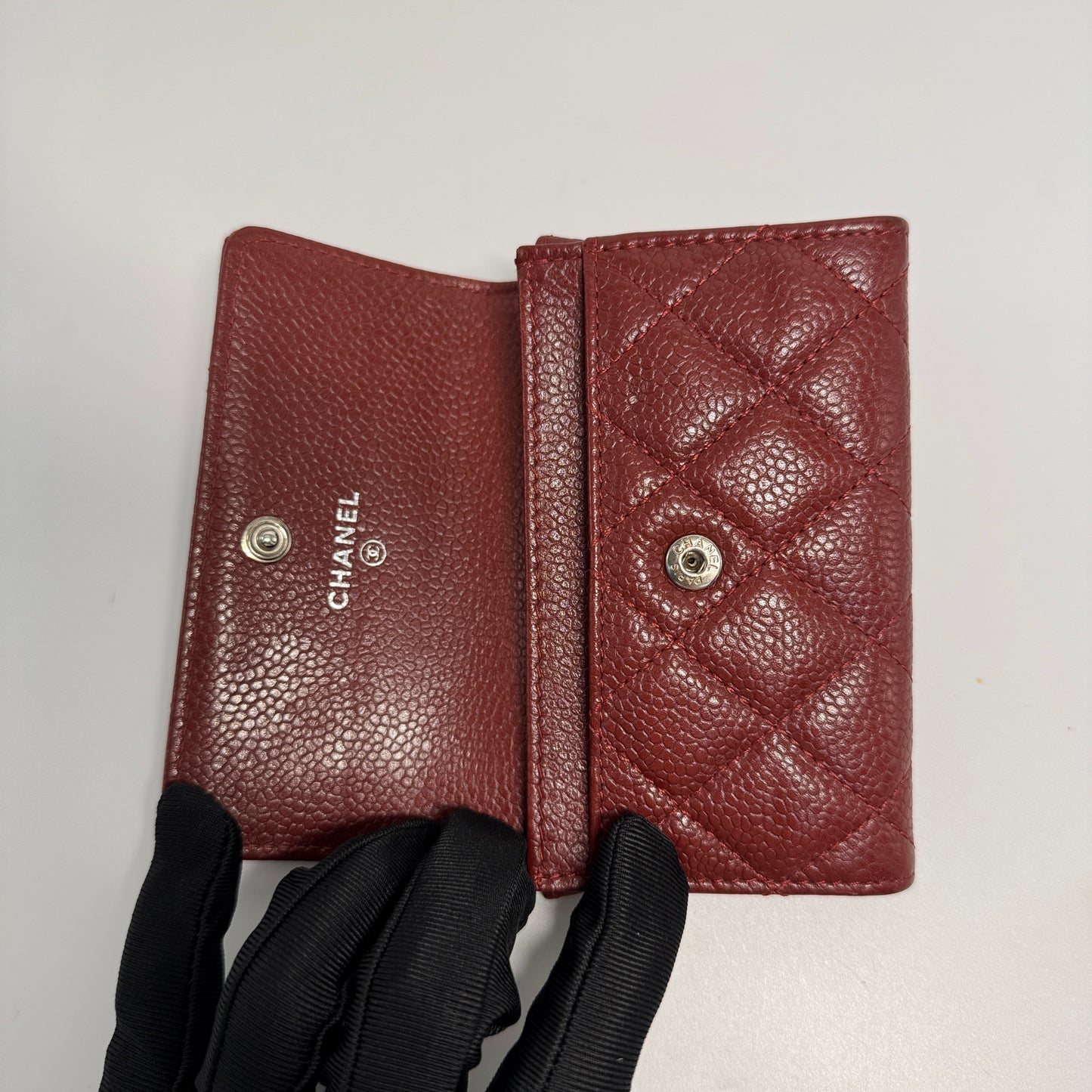 Iridescent Caviar Quilted Flap Card Holder Wallet Burgundy