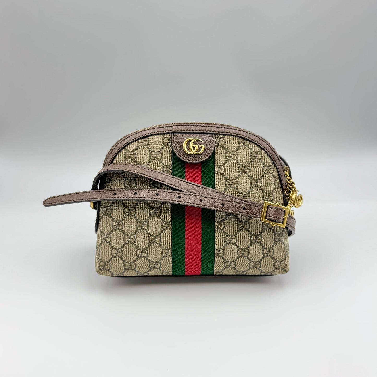 GG Supreme Monogram Textured Dollar Calfskin Web Small Ophidia Dome Shoulder Bag Beige Ebony New Acero