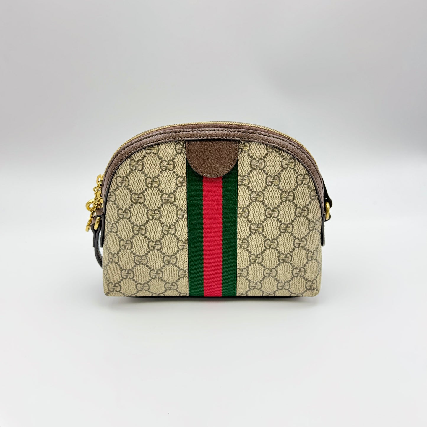 GG Supreme Monogram Textured Dollar Calfskin Web Small Ophidia Dome Shoulder Bag Beige Ebony New Acero