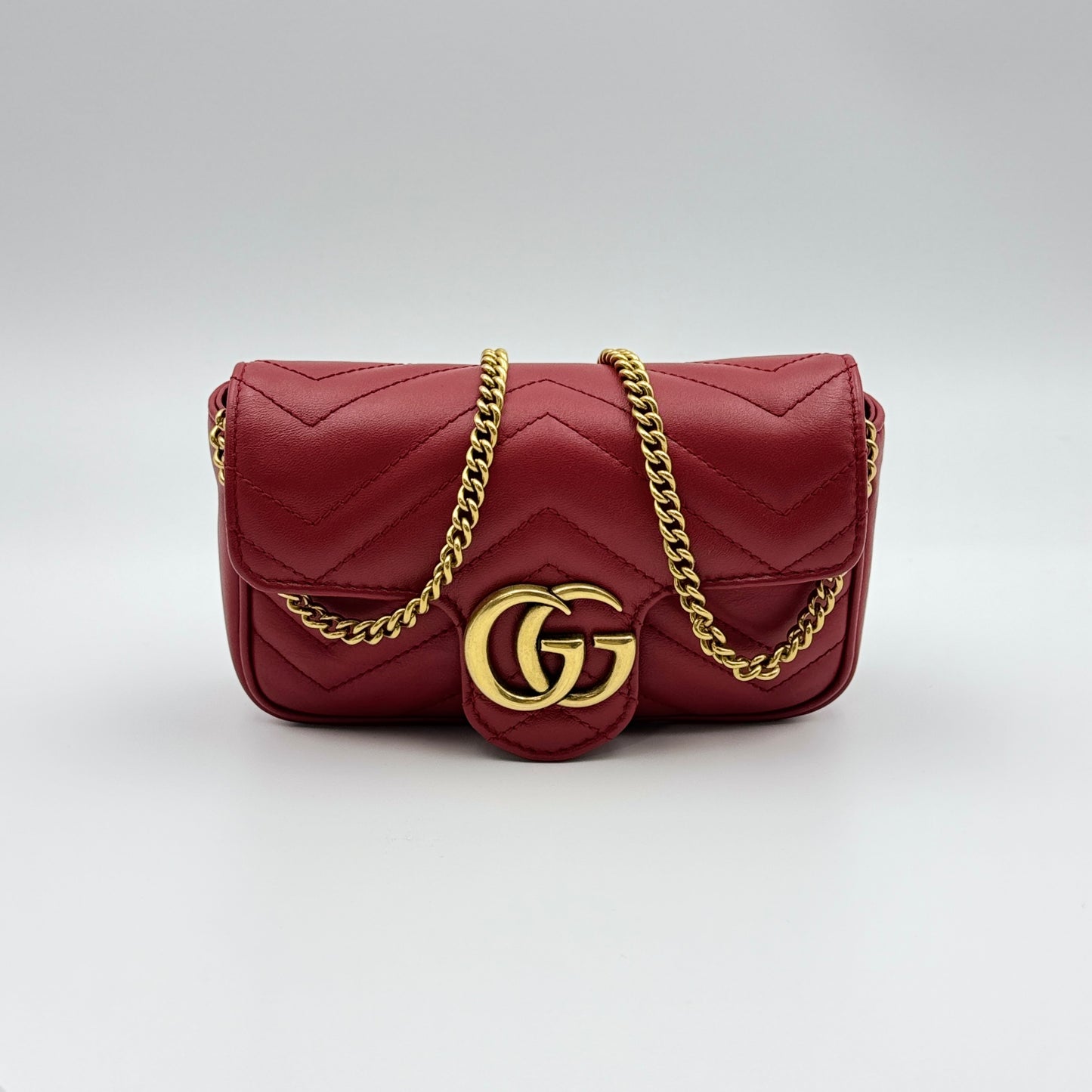Calfskin Matelasse Super Mini GG Marmont Shoulder Bag Hibiscus Red