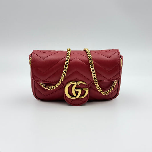 Calfskin Matelasse Super Mini GG Marmont Shoulder Bag Hibiscus Red