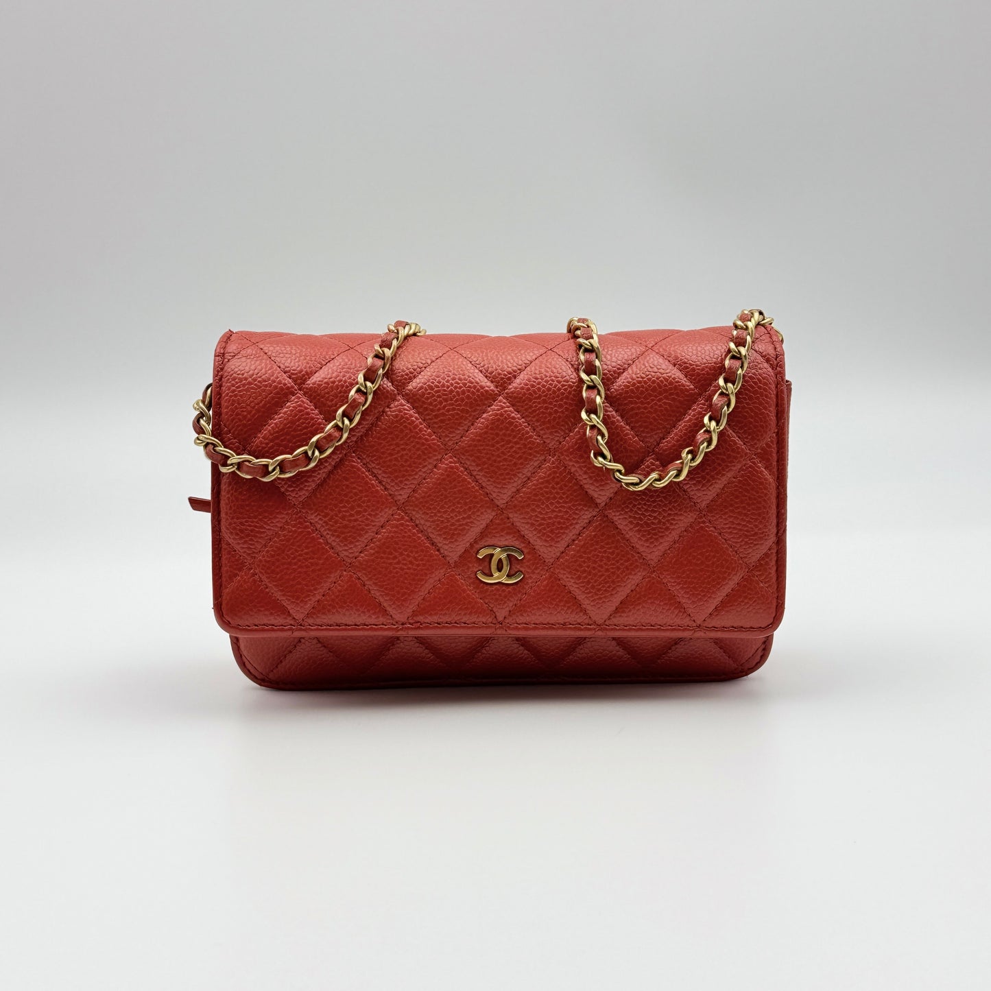 WOC Quilted Caviar Leather Crossbody Wallet Red Orange Tangerine Color