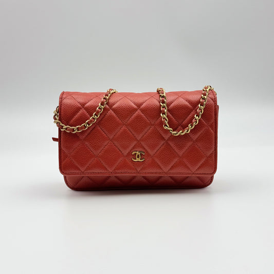 WOC Quilted Caviar Leather Crossbody Wallet Red Orange Tangerine Color