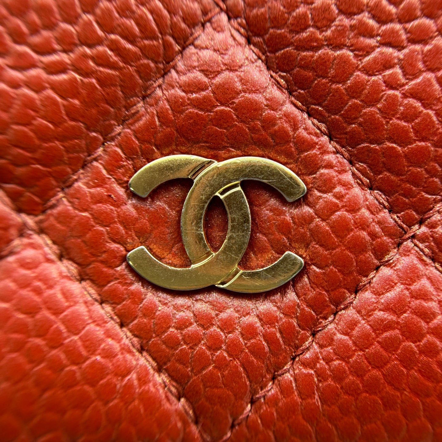 WOC Quilted Caviar Leather Crossbody Wallet Red Orange Tangerine Color