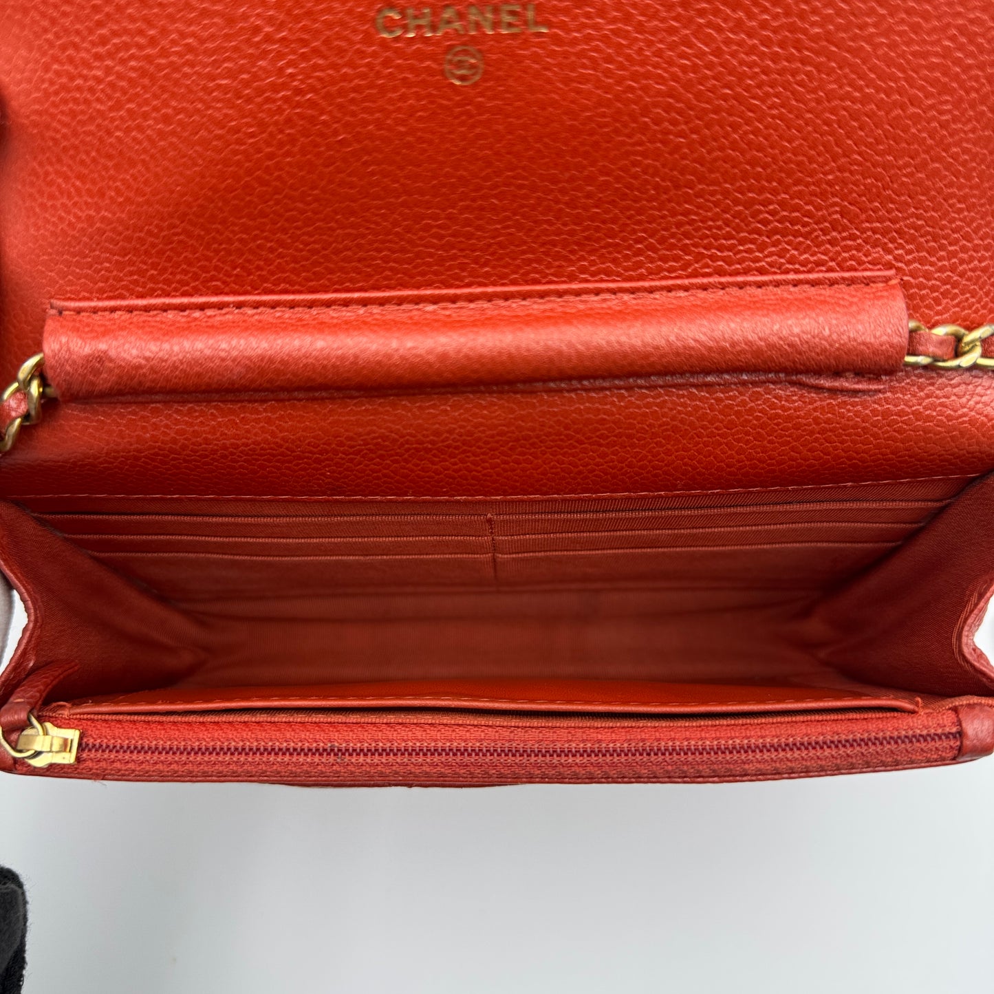 WOC Quilted Caviar Leather Crossbody Wallet Red Orange Tangerine Color