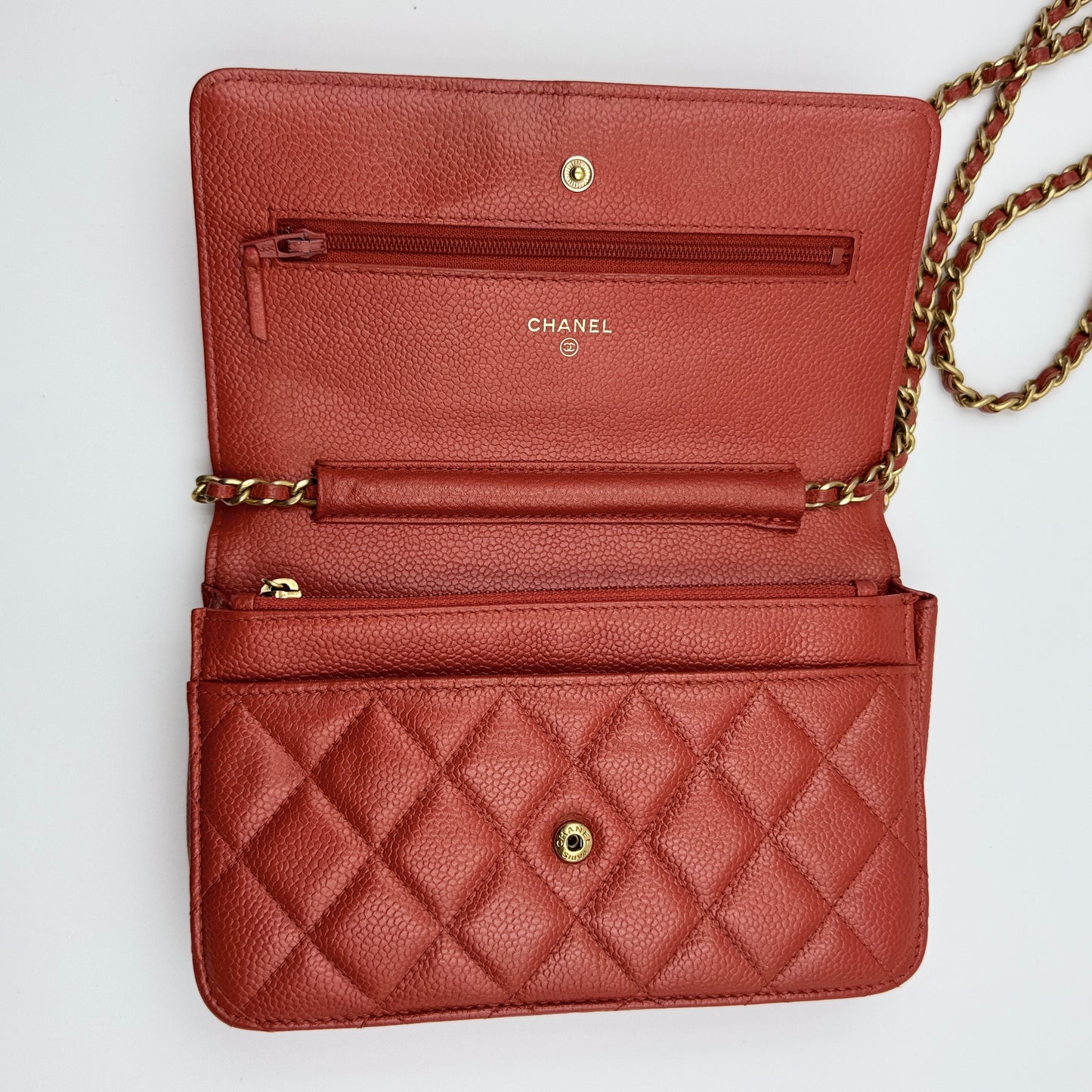 WOC Quilted Caviar Leather Crossbody Wallet Red Orange Tangerine Color