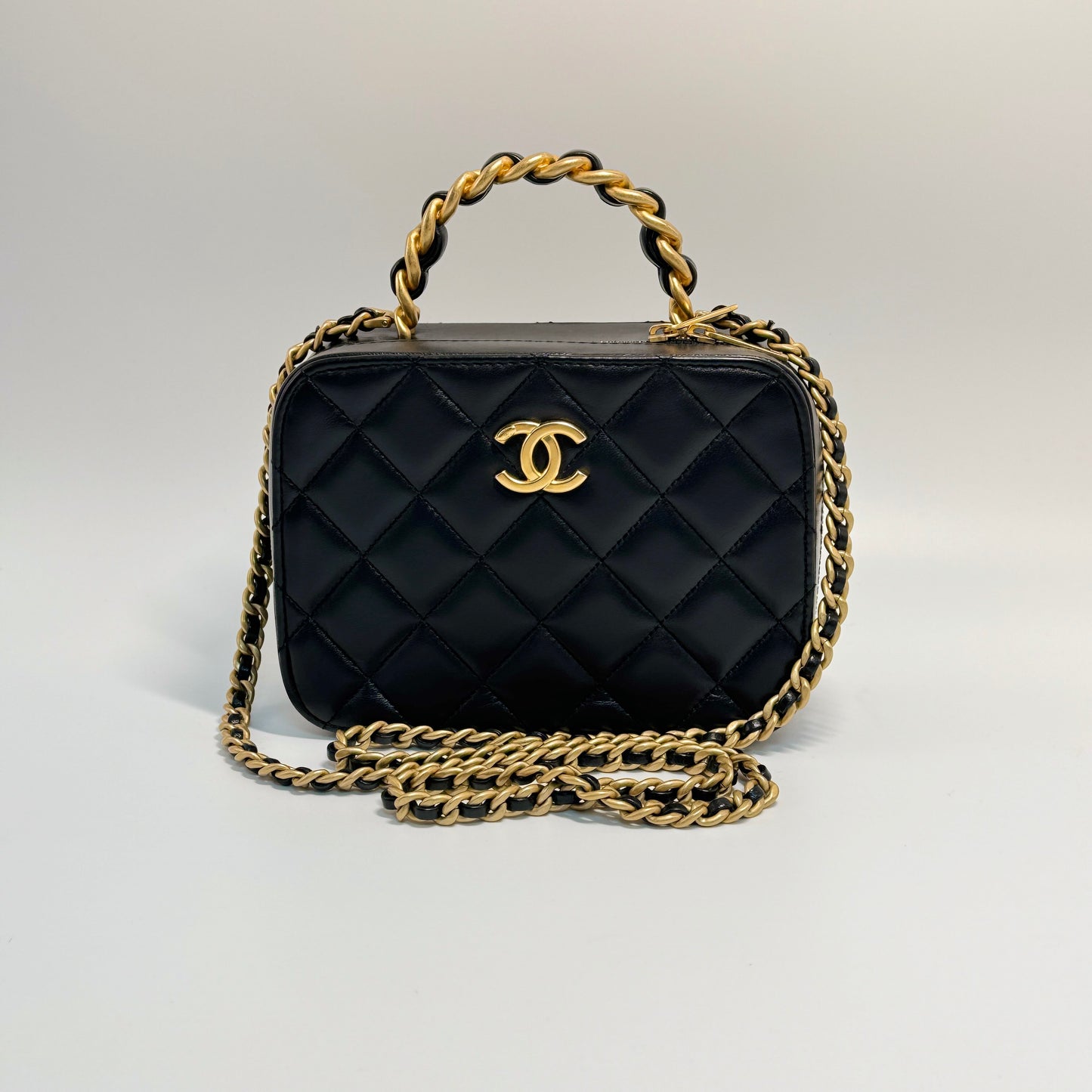 Matelasse Vanity Chain Shoulder Bag in Black Lambskin with Gold Hardware