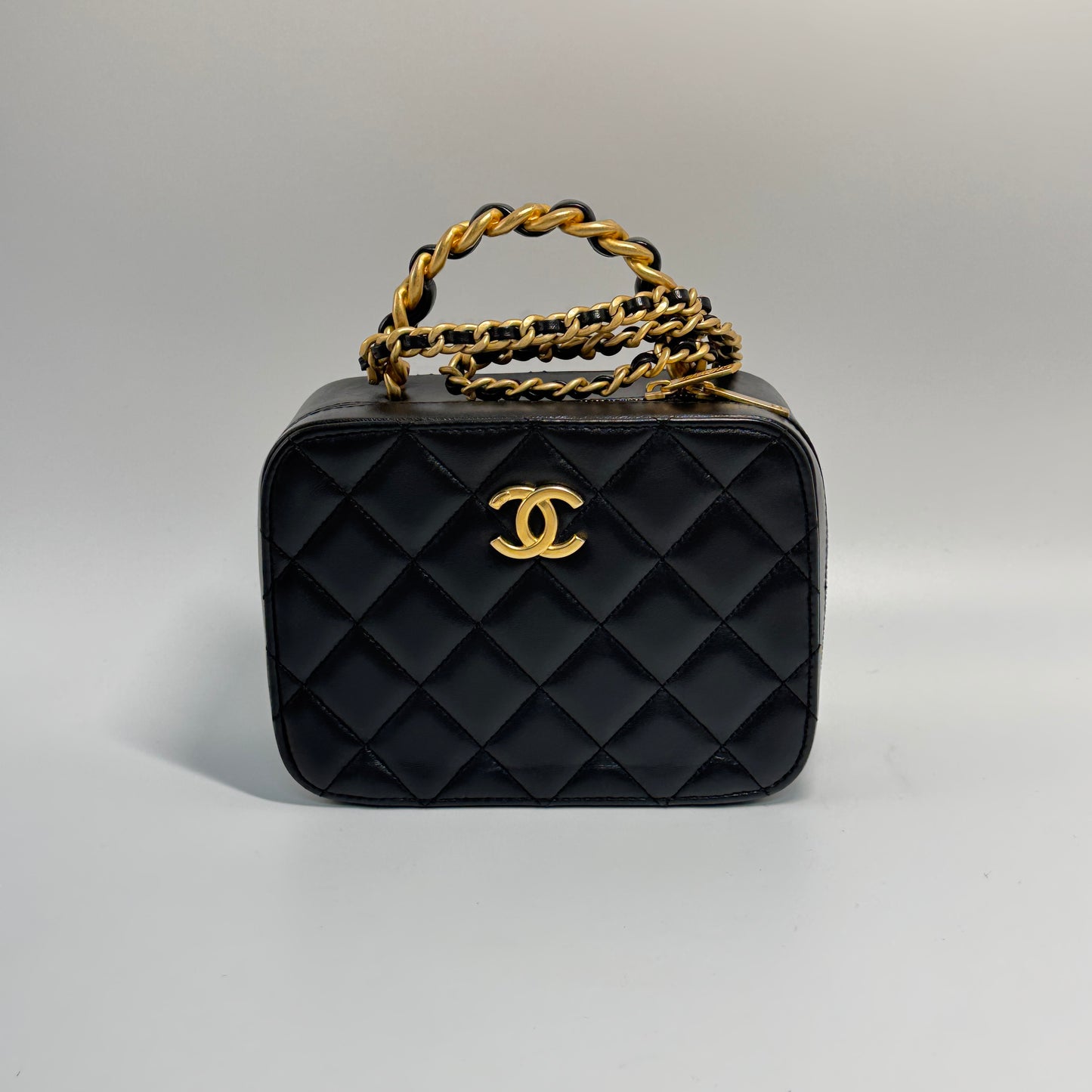 Matelasse Vanity Chain Shoulder Bag in Black Lambskin with Gold Hardware