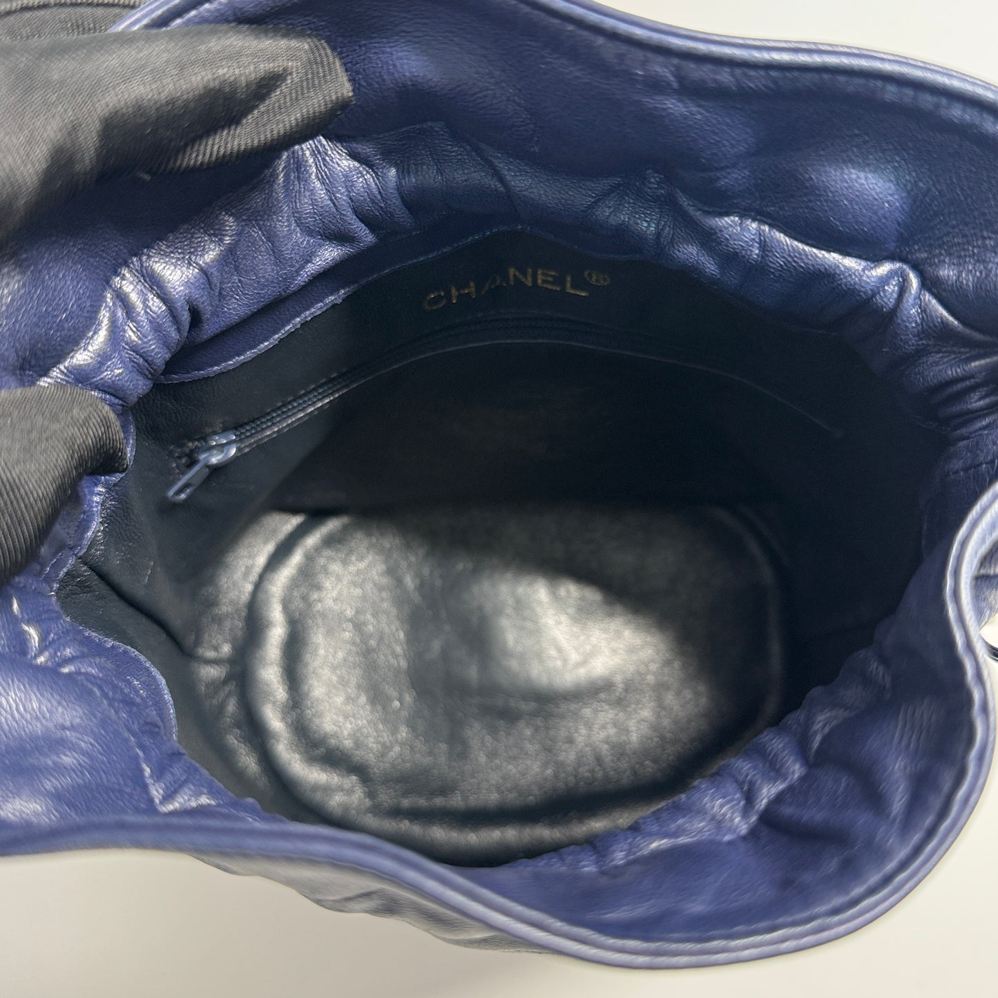 Shoulder Bag Matelasse Drawstring Type Chain Shoulder Lambskin Navy Gold-Tone Hardware