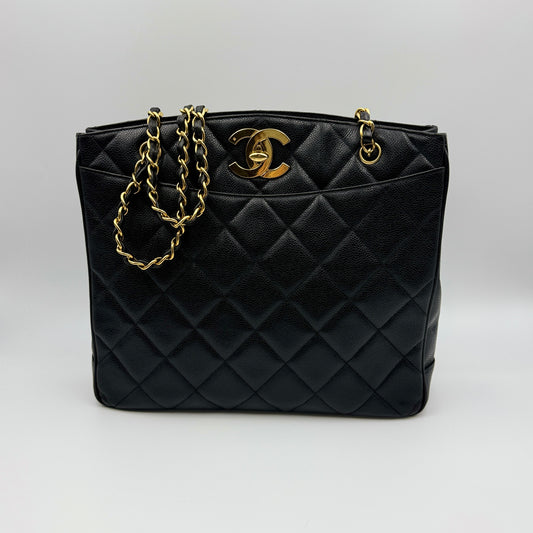 Vintage CC Lock Pocket Chain Tote Quilted Caviar Large