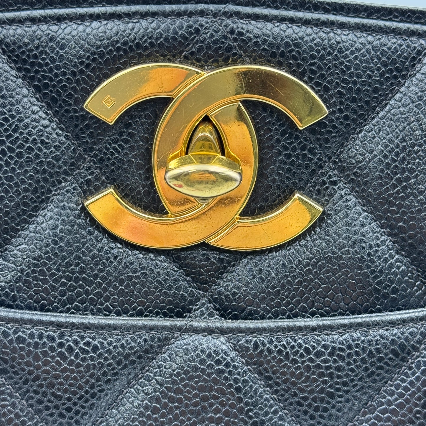 Vintage CC Lock Pocket Chain Tote Quilted Caviar Large