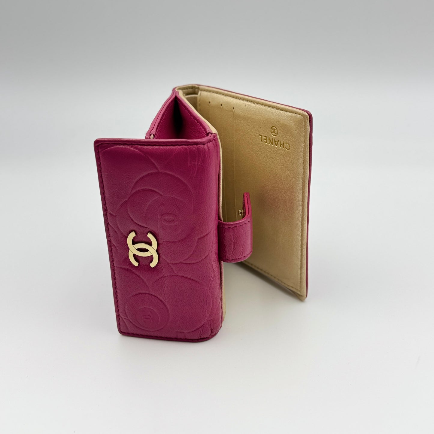 Leather Camellia Embossed French Wallet