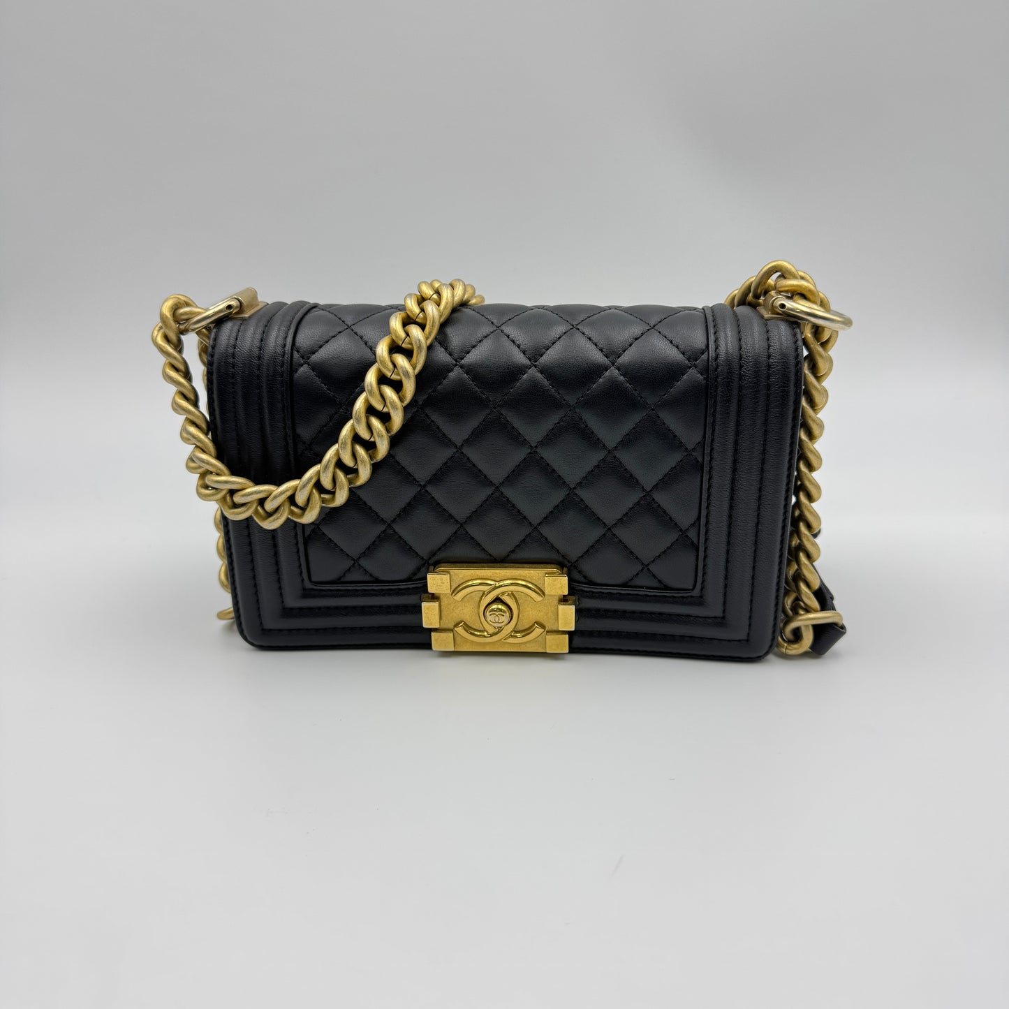 Black Lambskin Quilted Boy Bag Small Aged Gold Hardware