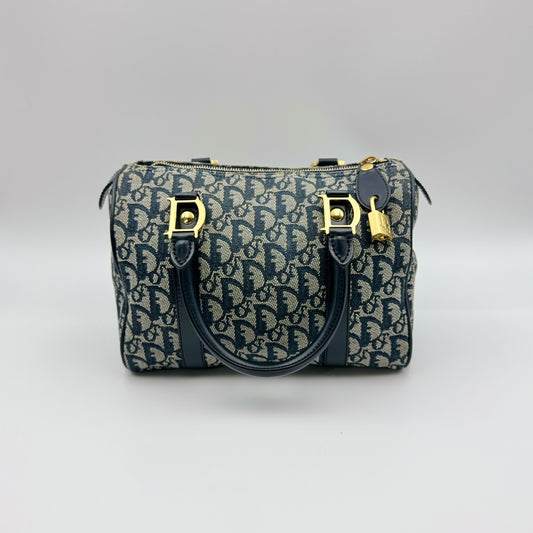 Navy Blue Oblique Canvas and Leather Small Trotter Boston Bag