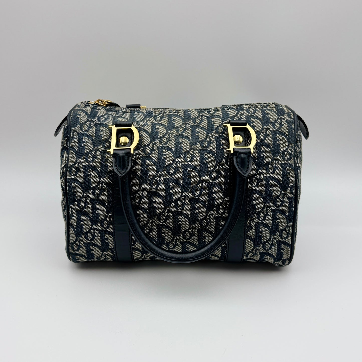 Navy Blue Oblique Canvas and Leather Small Trotter Boston Bag