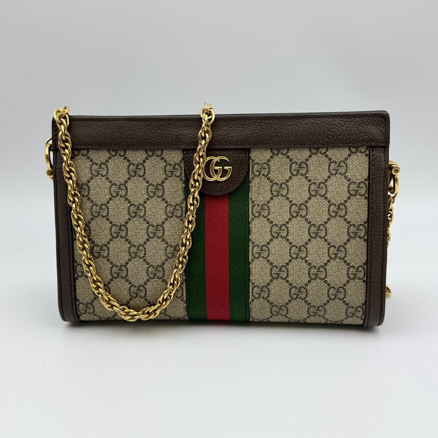 GG Supreme Monogram Web Small Ophidia Chain Shoulder Bag Brown