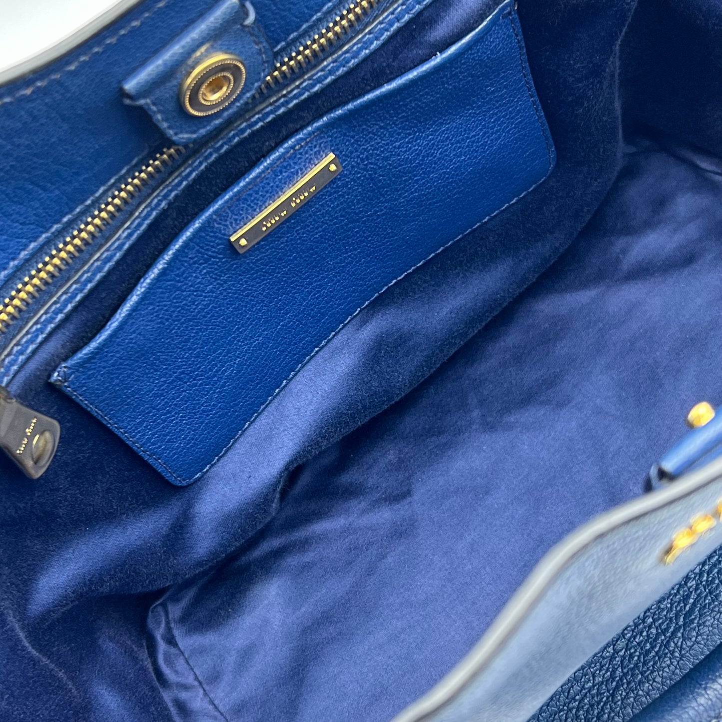 Blue Grained Leather Madras Tote