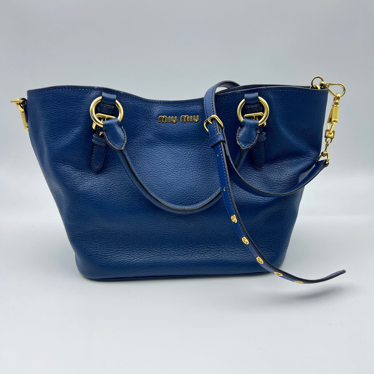 Blue Grained Leather Madras Tote