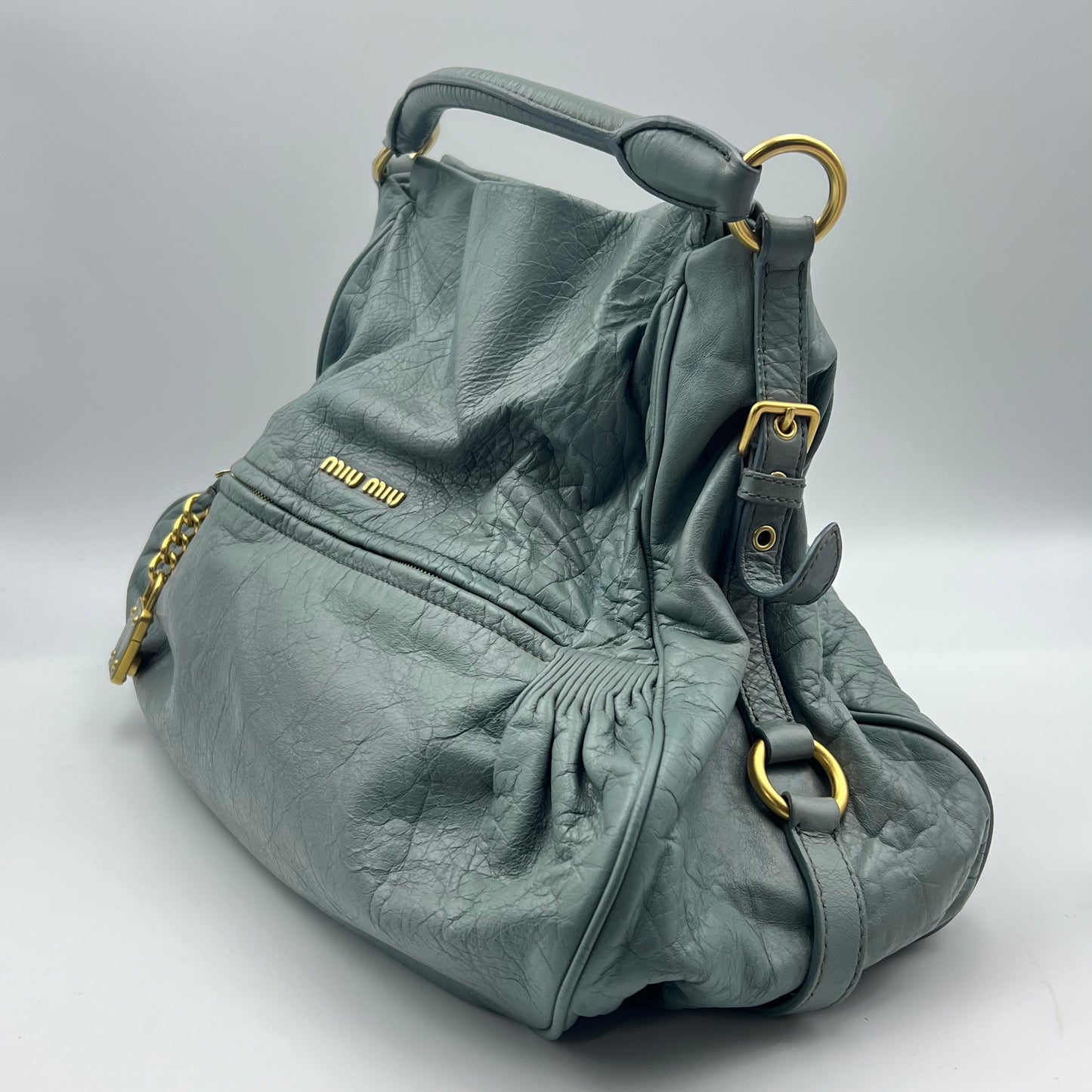 Blue Leather Lily Distressed Shoulder Hobo Bag