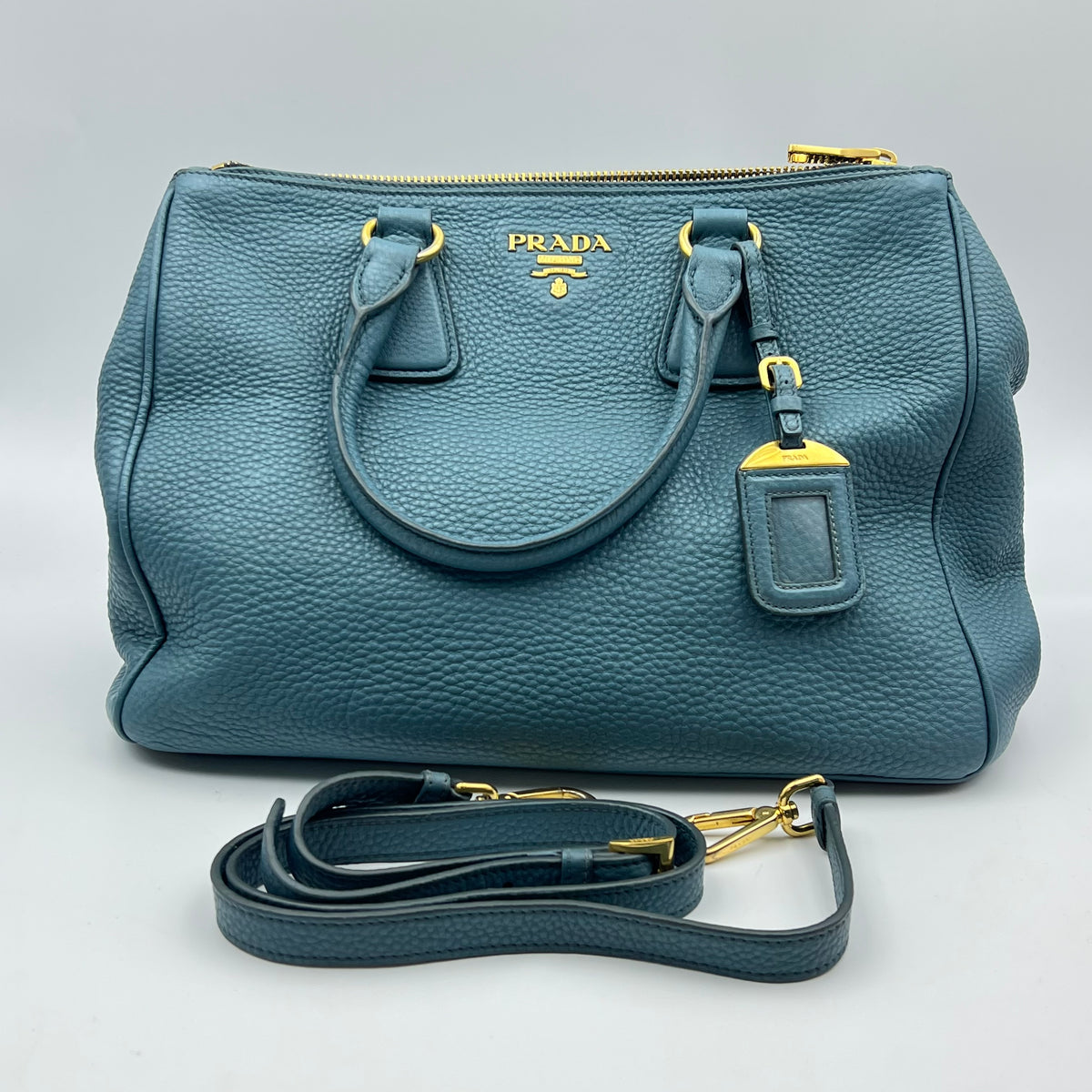 Prada Blue Vitello Daino Double Zip Convertible Tote
