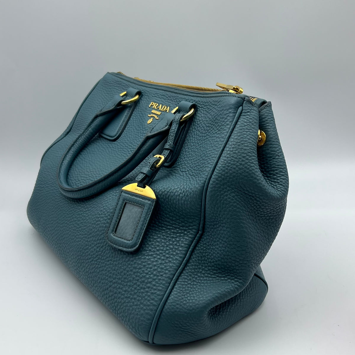 Prada Blue Vitello Daino Double Zip Convertible Tote — view 8 of 9 Blue Vitello Daino Double Zip Convertible Tote, view 8 of 9