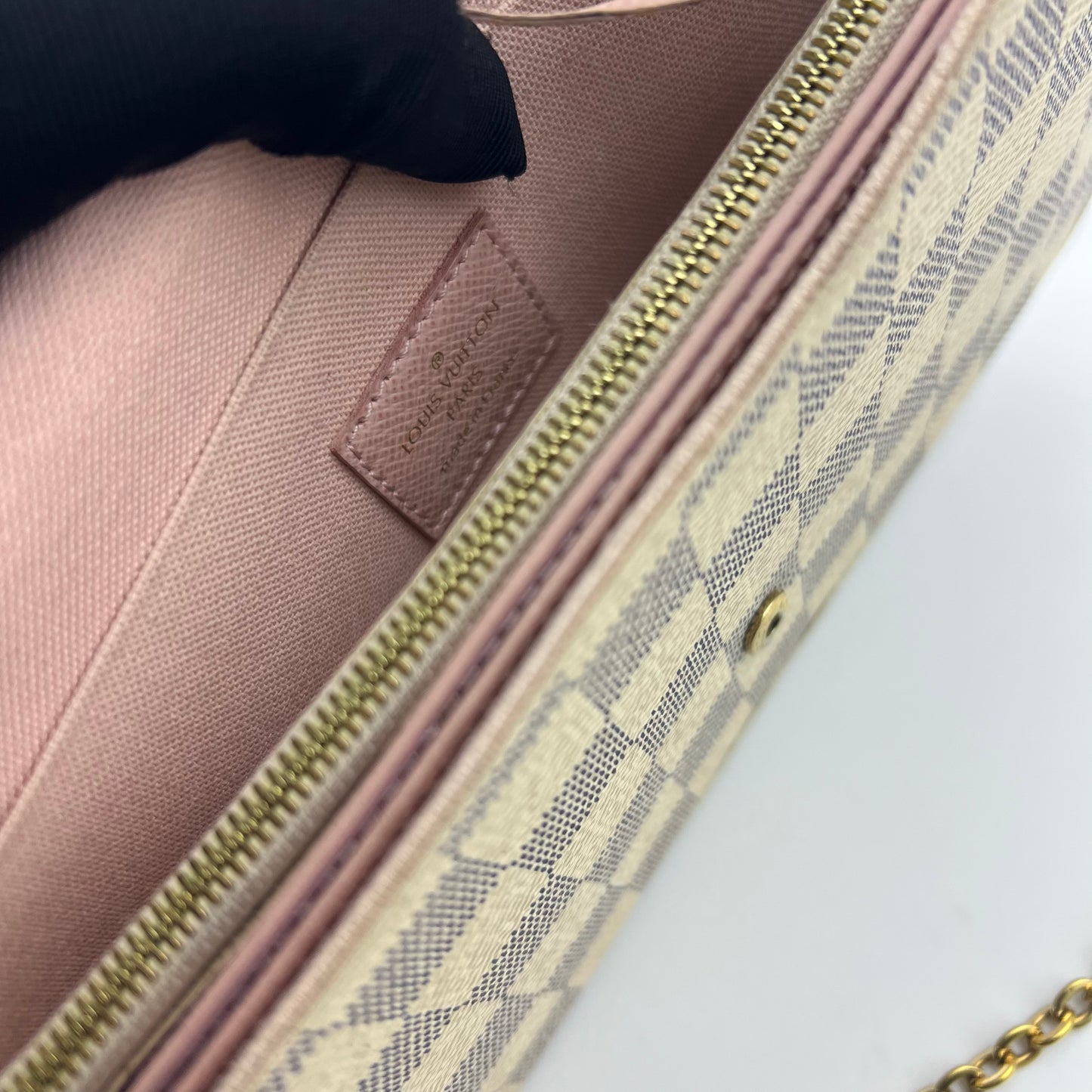 Damier Azur Pochette Felicie Chain Wallet Rose Ballerine