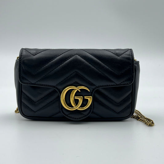 Calfskin Matelasse Super Mini GG Marmont Shoulder Bag Black