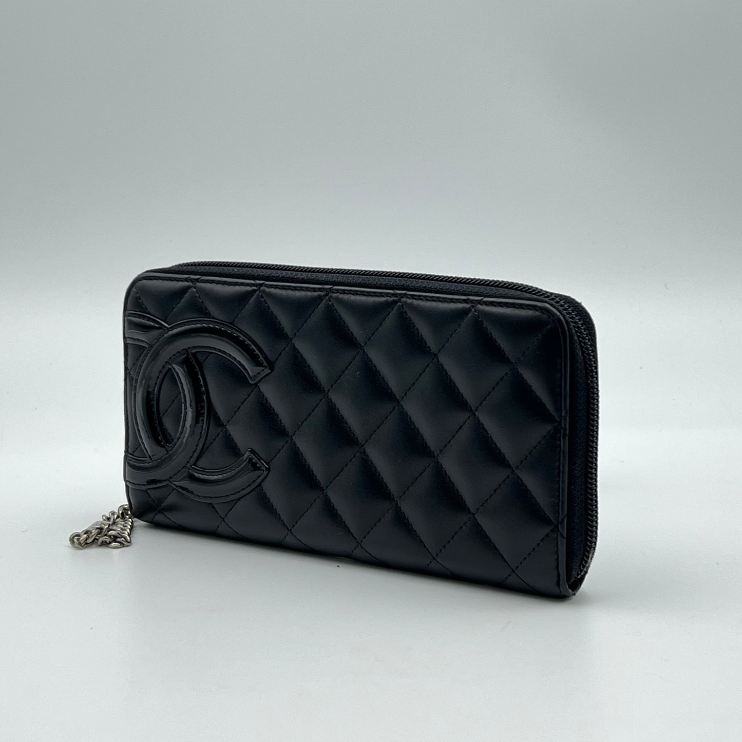 Black Quilted Leather Ligne Cambon Zip Around Wallet