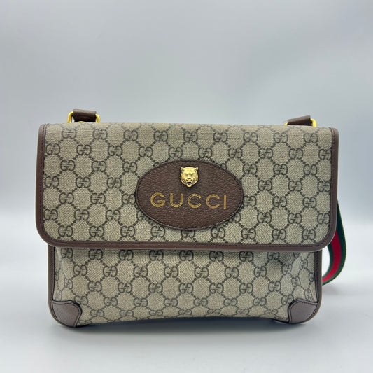 GG Supreme Monogram Web Neo Vintage Double Flap Messenger Bag Beige New Acero