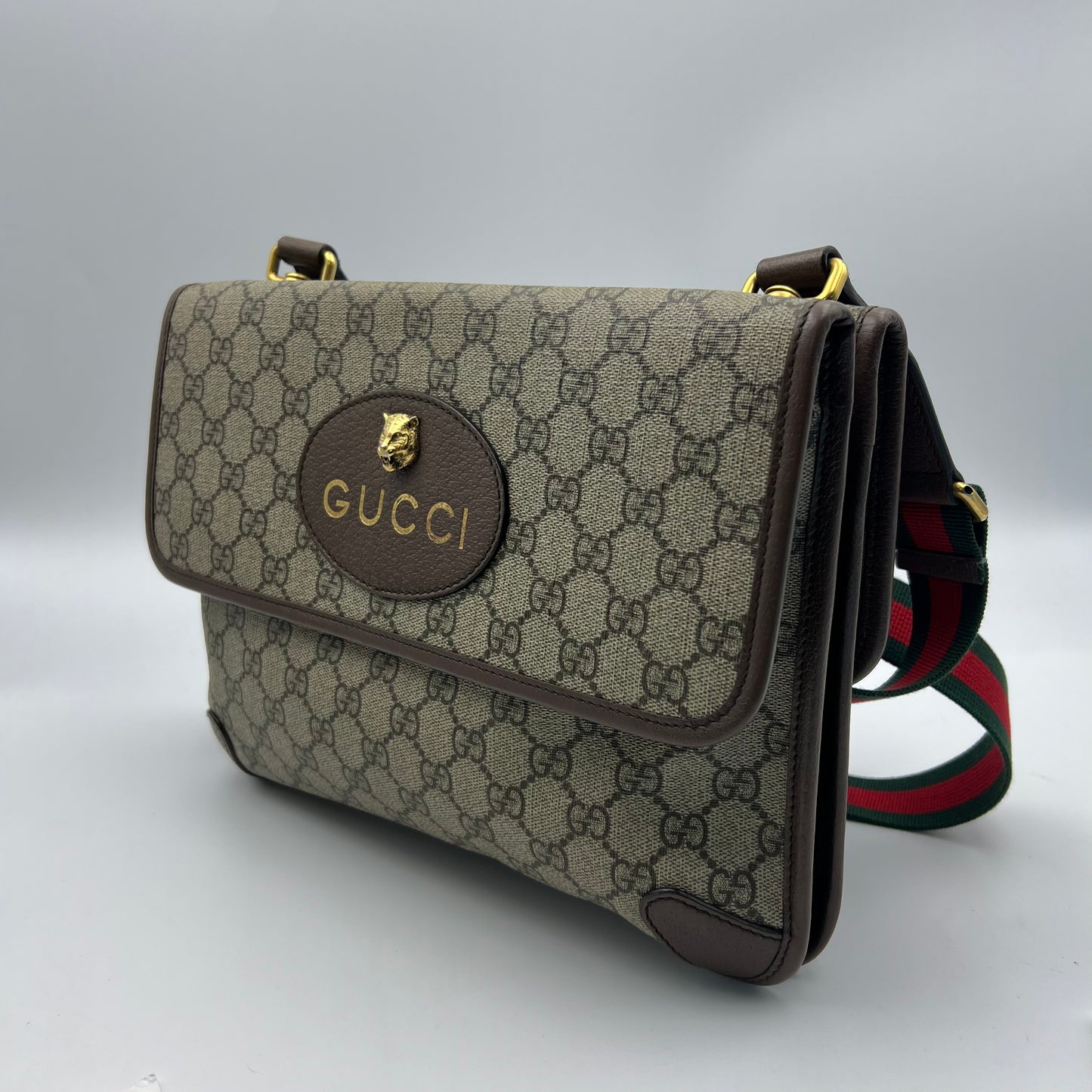 GG Supreme Monogram Web Neo Vintage Double Flap Messenger Bag Beige New Acero