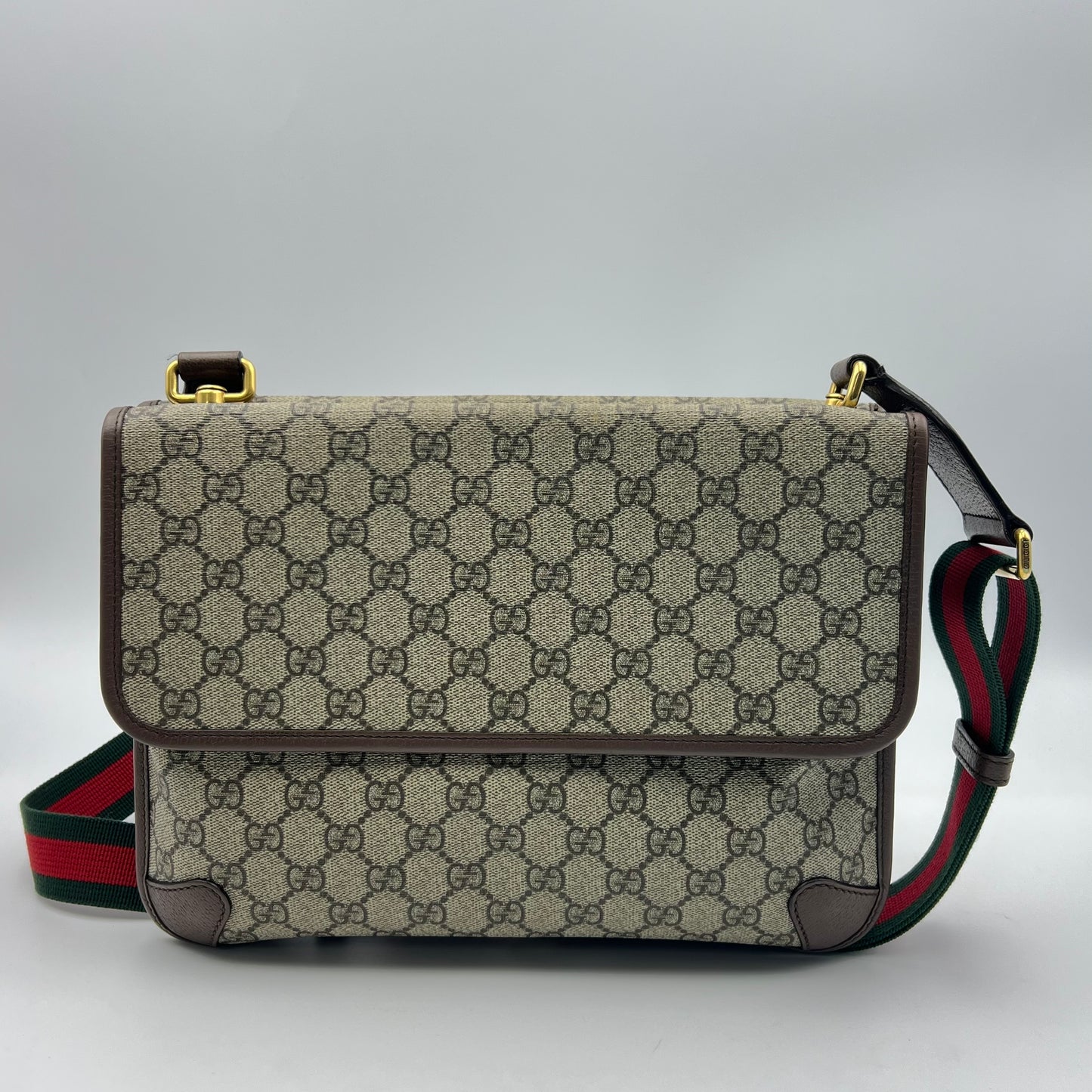 GG Supreme Monogram Web Neo Vintage Double Flap Messenger Bag Beige New Acero
