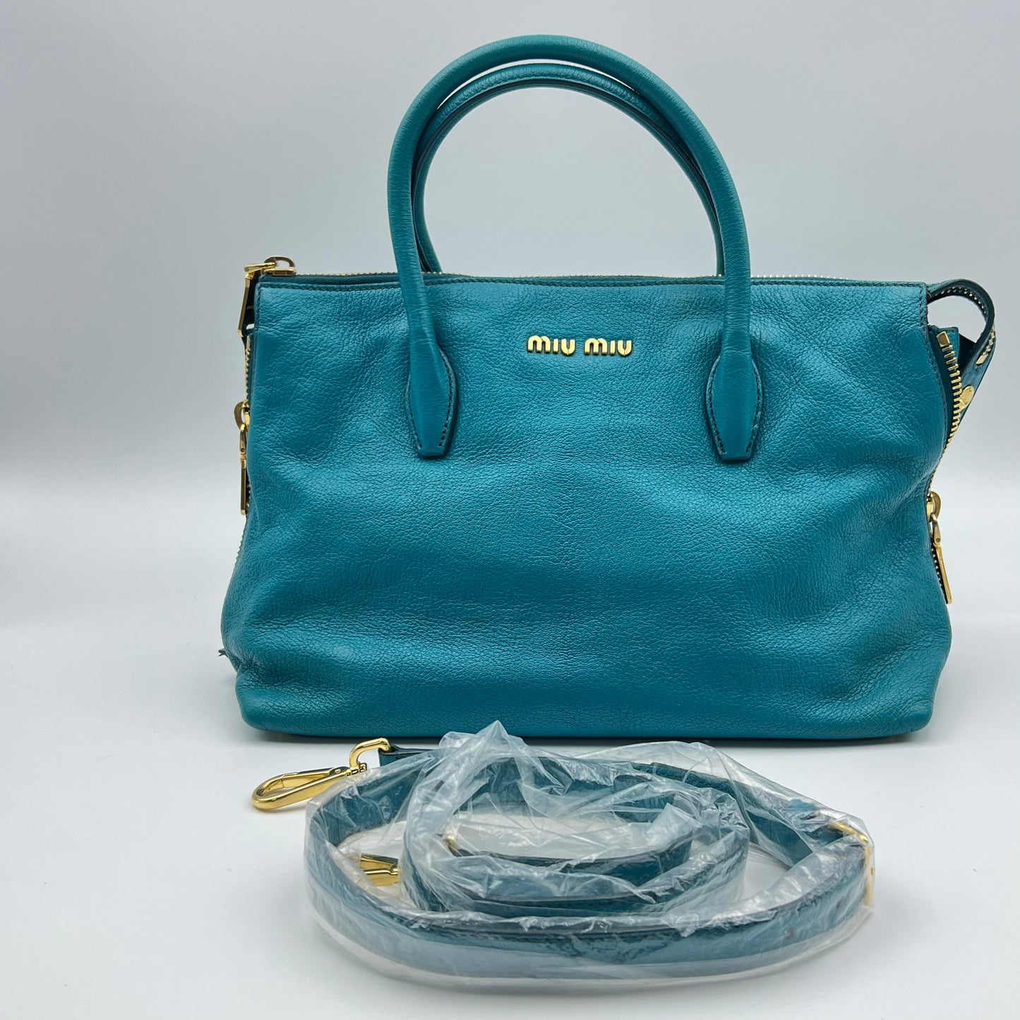 Leather Side Zip Convertible Tote Small turquoise